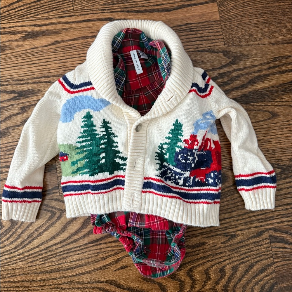 Janie & Jack Cozy Train Cardigan and Plaid Flannell Onesie LIKE NEW Size 6-12 m
